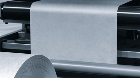 Machine with roll of kraft paper on it. Machine is in factory. industrial food packaging concept...