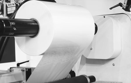 roll of plastic polyethylene film is cut by a food packaging machine. Industrial concept background