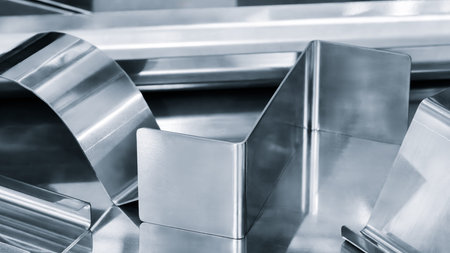 metal pieces are being cut by machine. pieces all same size and shape, and they are arranged in a...