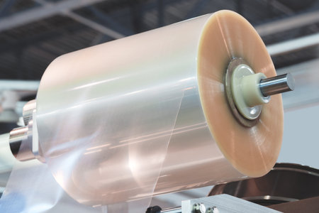 A machine with a roll of polyethylene plastic wrapping film on it. The machine is in a factory....