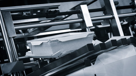 Elements of cardboard boxes are collected in stack. Conveyor line for the production of boxes....