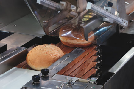 machine makes sandwiches from two buns and two pieces of meat and packs them in transparent...