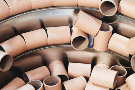 Stack of cardboard tubes for protective packaging and shipping, some of which are cut in half, are in an industrial machine conveyor, industrial concept backgroundの写真素材