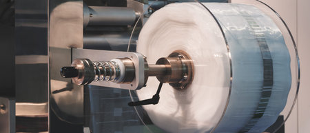 roll of plastic polyethylene film is cut by a food packaging machine. Industrial concept background
