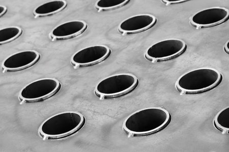 Close up of a metal surface with many small holes. The holes are all the same size and shape, and...