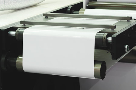 roll of plastic polyethylene film is cut by a food packaging machine. Industrial concept background.