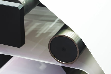 roll of plastic polyethylene film is cut by a food packaging machine. Industrial concept background.