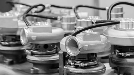 Several turbochargers arranged neatly in a workshop highlight the complexity and precision of modern...