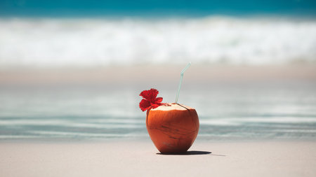 Coconut with a red flower on top of it is sitting on sand at beach. Concept of relaxation and...