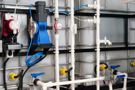 Industrial concept. equipment of boiler house valves tubes pressure gauges, thermometer. manometer, pipe, flow meter, water pumps and valves of heating system in boiler room.の写真素材