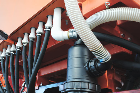 Bundle of pipes connected to industrial hydraulic pneumatic machine, industrial concept background