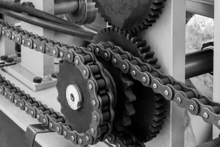 Chain is attached to a gear and is being used to power a machine. chain is made of metal and is...