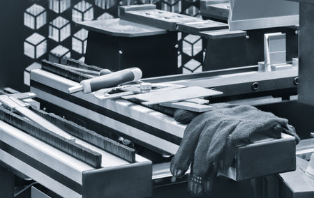 metal pieces are being cut by machine. pieces all same size and shape, and they are arranged in a...