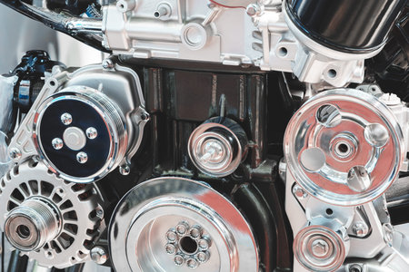 Close up of car engine with starter motor and flywheel gear, auto service concept background.