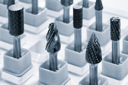 Industrial metalworking concept, milling cutter, metal cutter close up CNC cutters for metal. Drills, milling cutters, bits industry metal processing concept backgroundの写真素材