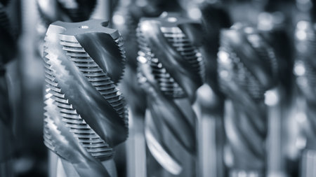 Industrial metalworking concept, milling cutter, metal cutter close up CNC cutters for metal. Drills, milling cutters, bits industry metal processing concept backgroundの写真素材