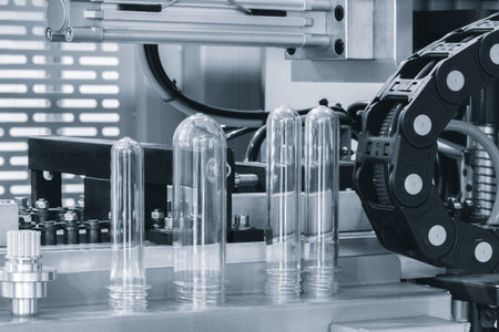 PETG plastic preforms for bottle making on the conveyor belt before the hot blow molding machine
