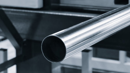 Steel pipe clamped in cutting and metalworking machine. Metalworking concept background
