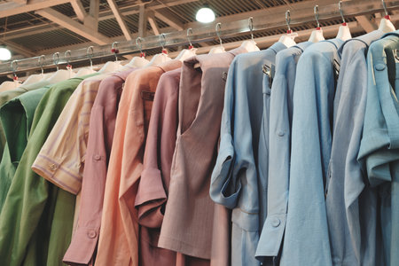 Rack of clothes with a variety of colors and styles. The clothes are hanging on a rack, and the colors includeの写真素材