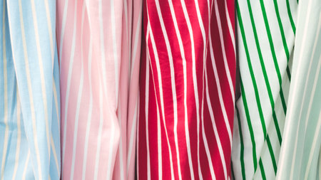 Row of striped shirts in different colors. The colors are pink, green, and white. The shirts are hanging on a rackの写真素材
