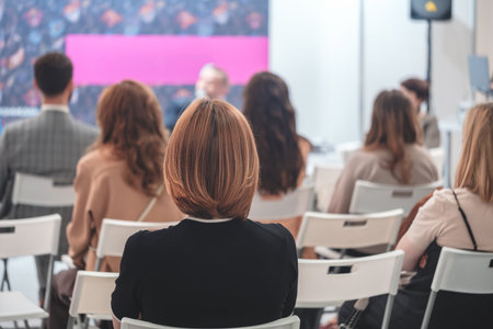 Businesswoman woman sitting on chair in conference hall at presentation, business conceptの写真素材