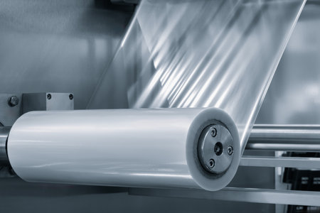 Roll of plastic film is being made in a factory. The roll is being fed into a machine that is cutting it into smaller pieces. The machine is surrounded by a metal frameの写真素材