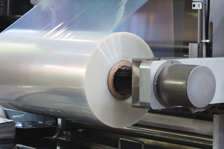 Roll of plastic film is being made in a factory. The roll is being fed into a machine that is...