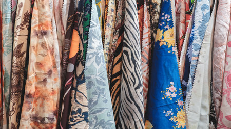 Row of colorful fabric with a variety of patternsの写真素材