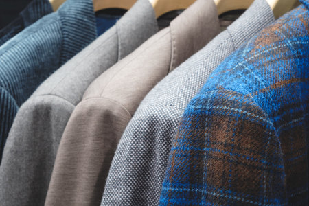 Row of suits hanging on a rack, with the blue suit on the far right. The suits are all different colors, and they are all hanging on the same rackの写真素材
