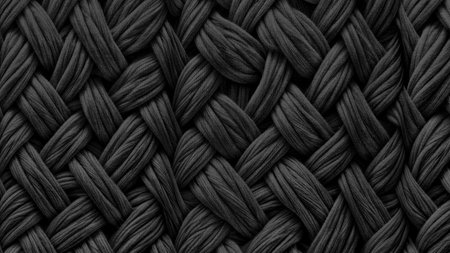 Close up of a black and white patterned fabric. The pattern is made up of many small, twisted lines. The fabric appears to be made of a type of yarn or threadの写真素材