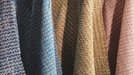 Row of colorful fabric with a blue one in the middle. The other fabrics are green, pink, and purple