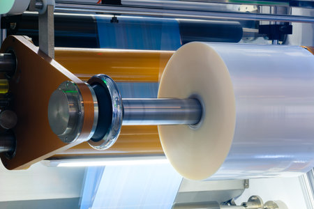 A machine with a roll of polyethylene plastic wrapping film on it. The machine is in a factory....