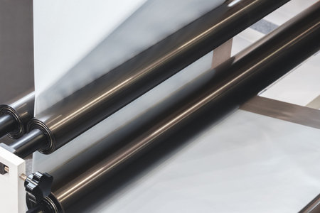 A machine with a roll of polyethylene plastic wrapping film on it. The machine is in a factory....