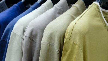 A row of clothes hanging on a hanger, the clothes are of different colors and textures, and all...