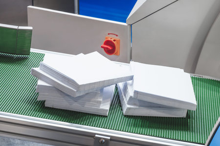 Stack of white papers is on a conveyor belt. The conveyor belt is green and the papers are piled up.
