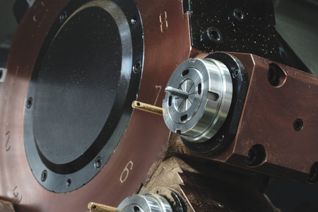 Industrial metalworking cutting process by milling cnc cutter machine, Industrial concept.
