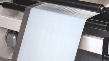 A machine with a roll of polyethylene plastic wrapping film on it. The machine is in a factory....