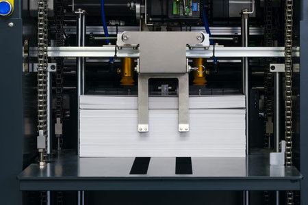 Elements of cardboard boxes are collected in stack. Conveyor line for the production of boxes....