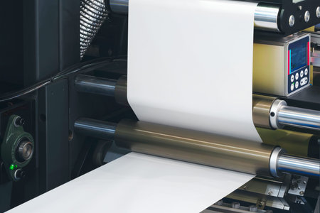 A machine with a roll of polyethylene plastic wrapping film on it. The machine is in a factory....