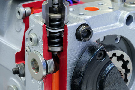 Close up of engine with the pistons and valves visible. Concept of precision and detail, as the...