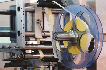 Fragment of the conveyor of sticking labeling machine. Abstract industrial background.
