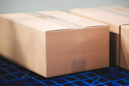 Two cardboard boxes lie on a blue conveyor belt.の写真素材