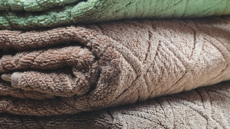 A stack of towels. Towels of different colors are stacked on top of each other