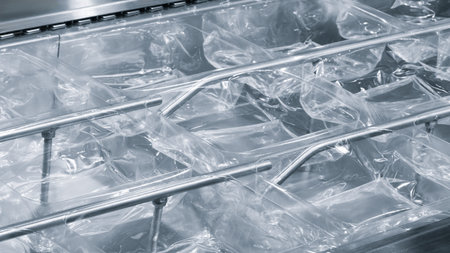 A conveyor belt with plastic bags on it. The bags are clear and shiny