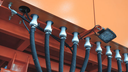 Hydraulic power drive hoses of high pressure machine, industrial power concept background.
