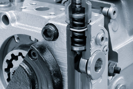 Close up of engine with the pistons and valves visible. Concept of precision and detail, as the...
