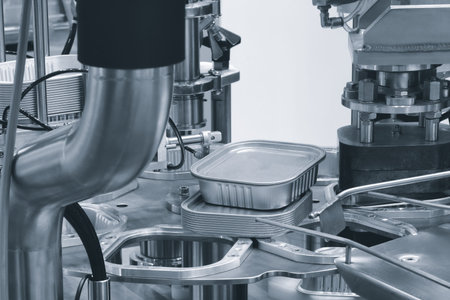 A machine is making cans of food. The machine is silver and has a black pipe. The cans are being...