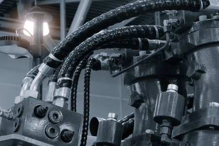 Hydraulic power drive hoses of high pressure machine, industrial power concept background.の写真素材