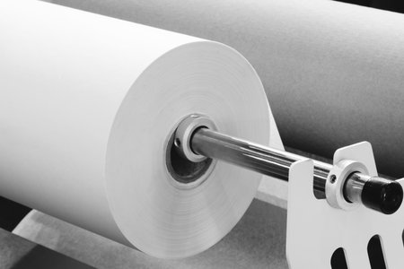 Roll of white paper is being fed through a machine. The machine is white and has a silver