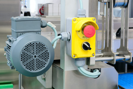 Yellow button with red stop sign on production conveyor, industrial concept background